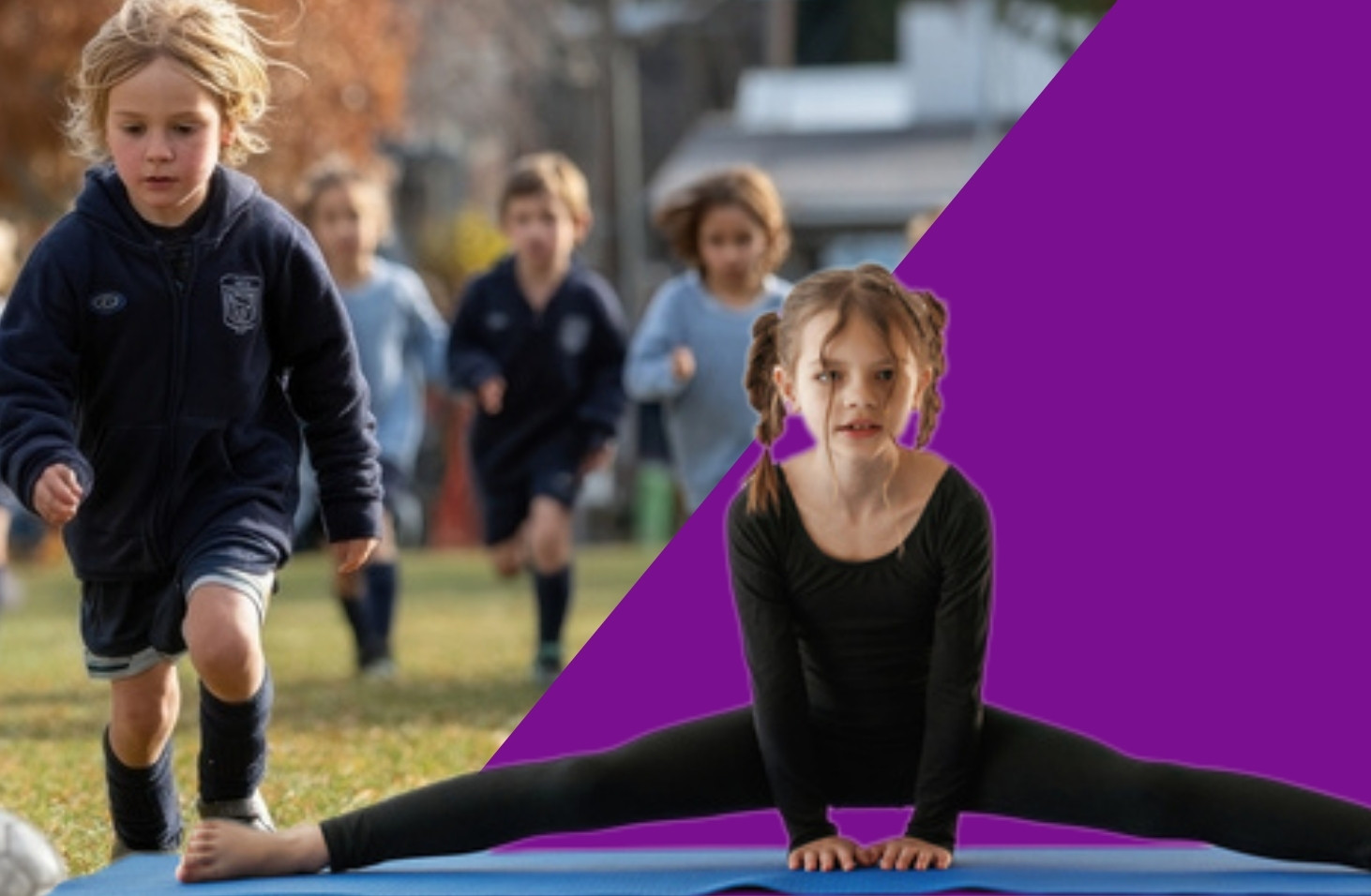 Children running in sports field and girl doing gymnastics split showing flexibility and fitness benefits