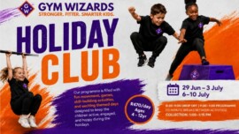 Gym Wizards Holiday Club poster featuring children doing gymnastics and ninja-style activities, with holiday programme dates, pricing, and venue information for kids aged 4 to 12 in Cape Town.