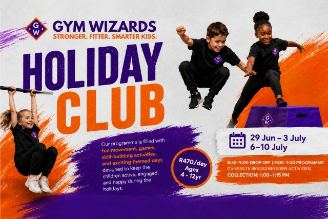 Gym Wizards Holiday Club poster featuring children doing gymnastics and ninja-style activities, with holiday programme dates, pricing, and venue information for kids aged 4 to 12 in Cape Town.