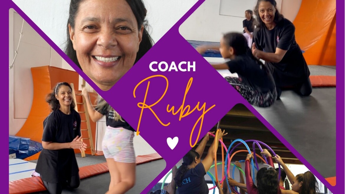 a graphic of a coach and the students she coaches gymnastics and parkour