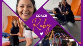 a graphic of a coach and the students she coaches gymnastics and parkour