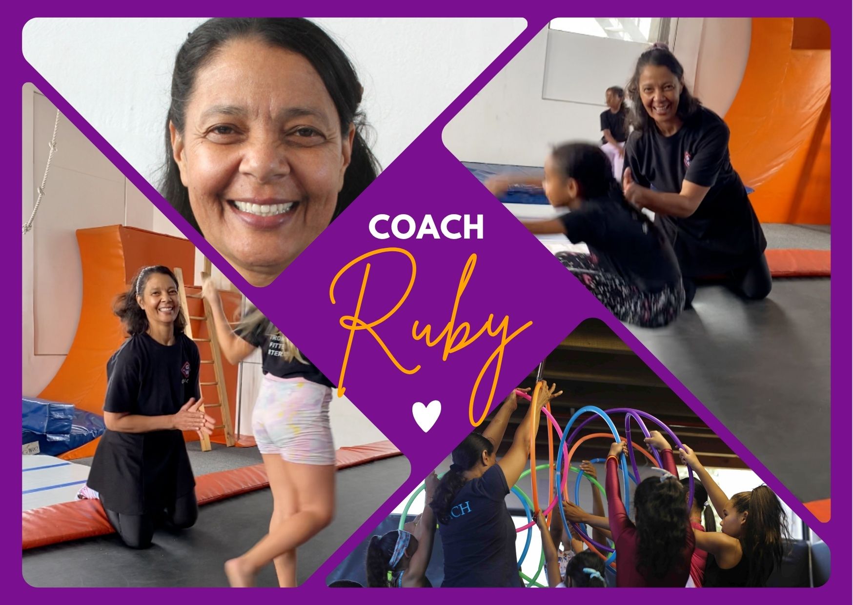 a graphic of a coach and the students she coaches gymnastics and parkour